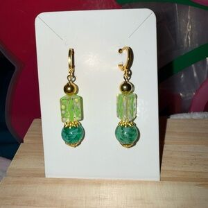 Elegant Green and Gold tone Lampwork Glass Dangle Earrings